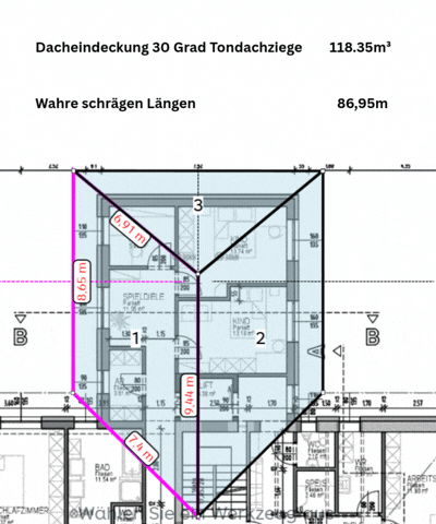 Branche Dach Nachvollziehbares Aufmaß-Protokoll mit grafischem Aufmaßplan Dach wahre schräge Länge